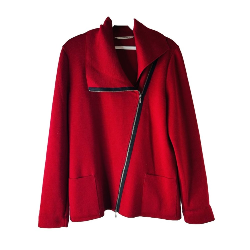Optimum Fine Merino Wool Asymmetrical Zip Cardigan Sweater Red